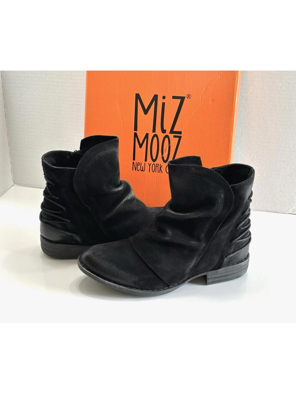 Miz Mooz Dotti Boots Women's US 6/ EU 37 Black Suede Ruched Burnished Spain NEW